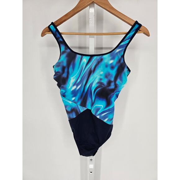 Lands End Womens Sz 6P Petite One Piece Swimsuit Athletic Blue Black Print - Picture 1 of 5